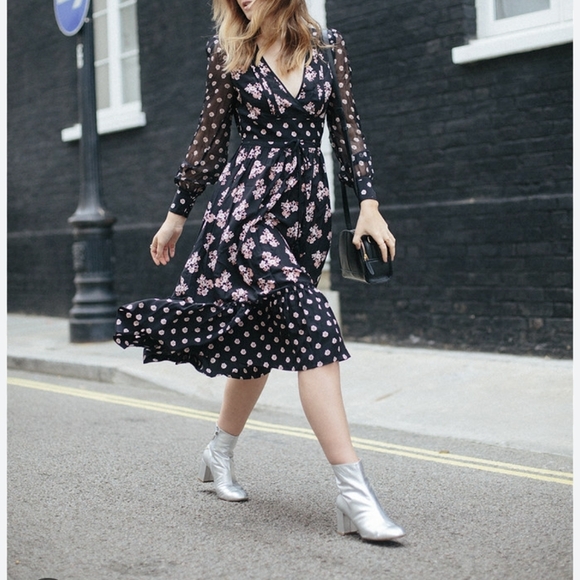 Kate Spade Silk Black Floral Dress with Sheer Floral Sleeves - Picture 2 of 12